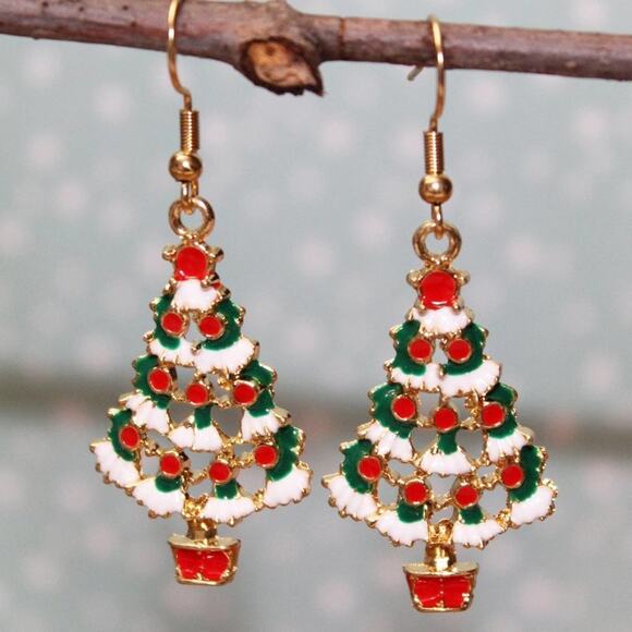 Unknown Jewelry - New Cute Enameled Christmas Tree Drop Earrings Gold E16